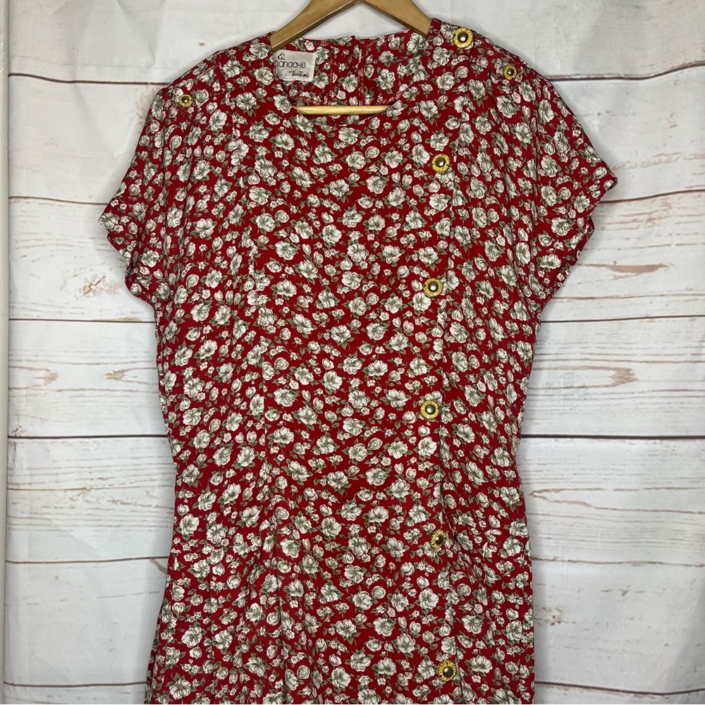 VINTAGE • Panache • Midi Dress • Red with White Flowers • Large • Gold Buttons